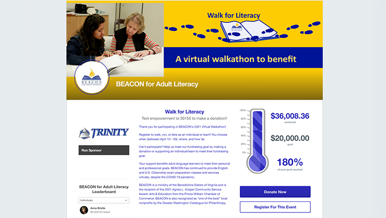 Here is a peer-to-peer event page for Walk for Literacy that uses fundraising event software. 