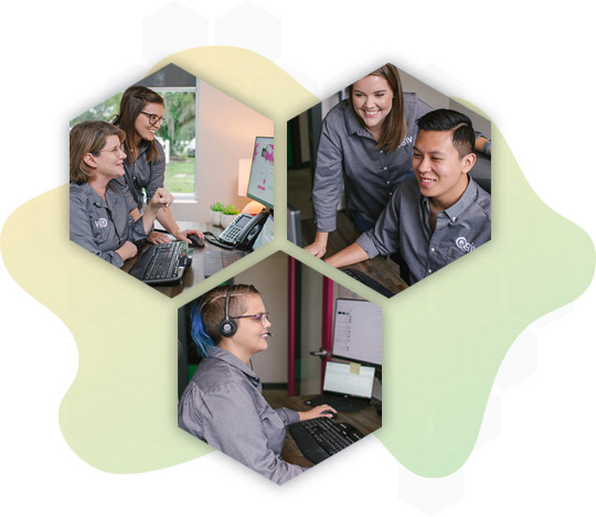 Three hexagon-shaped images of customer support staff working at computers and talking to clients.